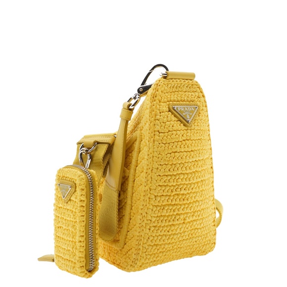 Prada Triangle Crossbody Yellow Logo Crochet 1BH190 New - Picture 3 of 8